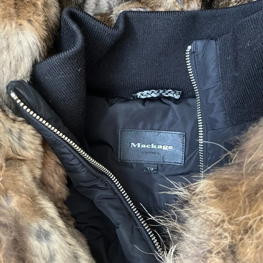 Mackage Montreal Black Down Puffer Parka Fur Trim Hood Coat Womens Large - Picture 5 of 10